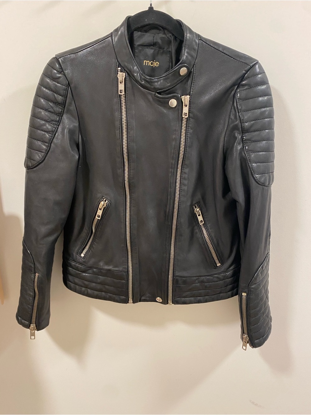 Maje Black Quilted Shoulder Leather Moto Jacket